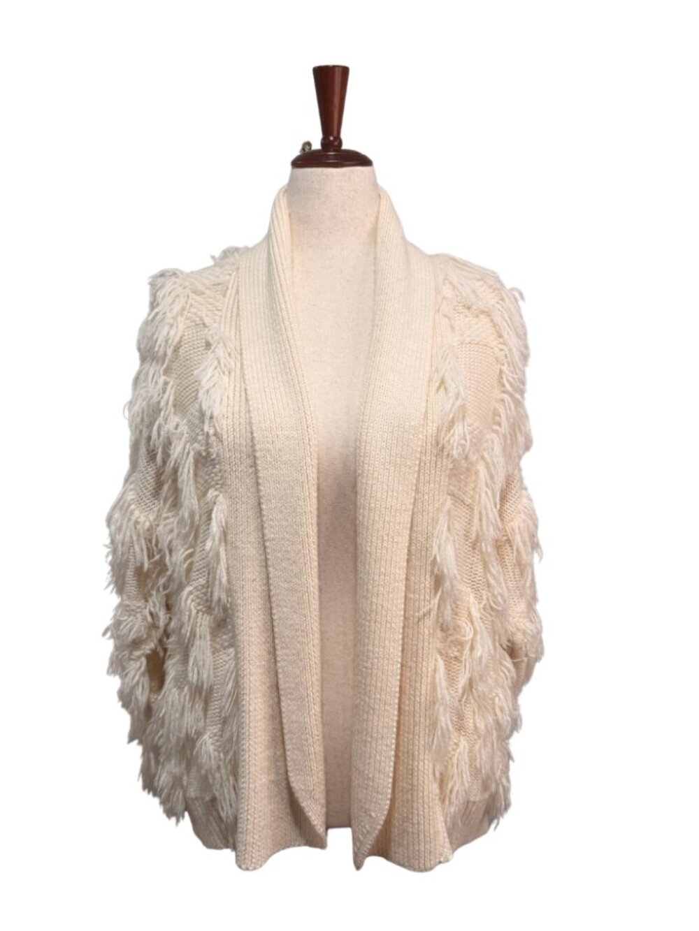 Vintage Maurada Cream Knit Shaggy Fringe Shawl Cardigan Sweater